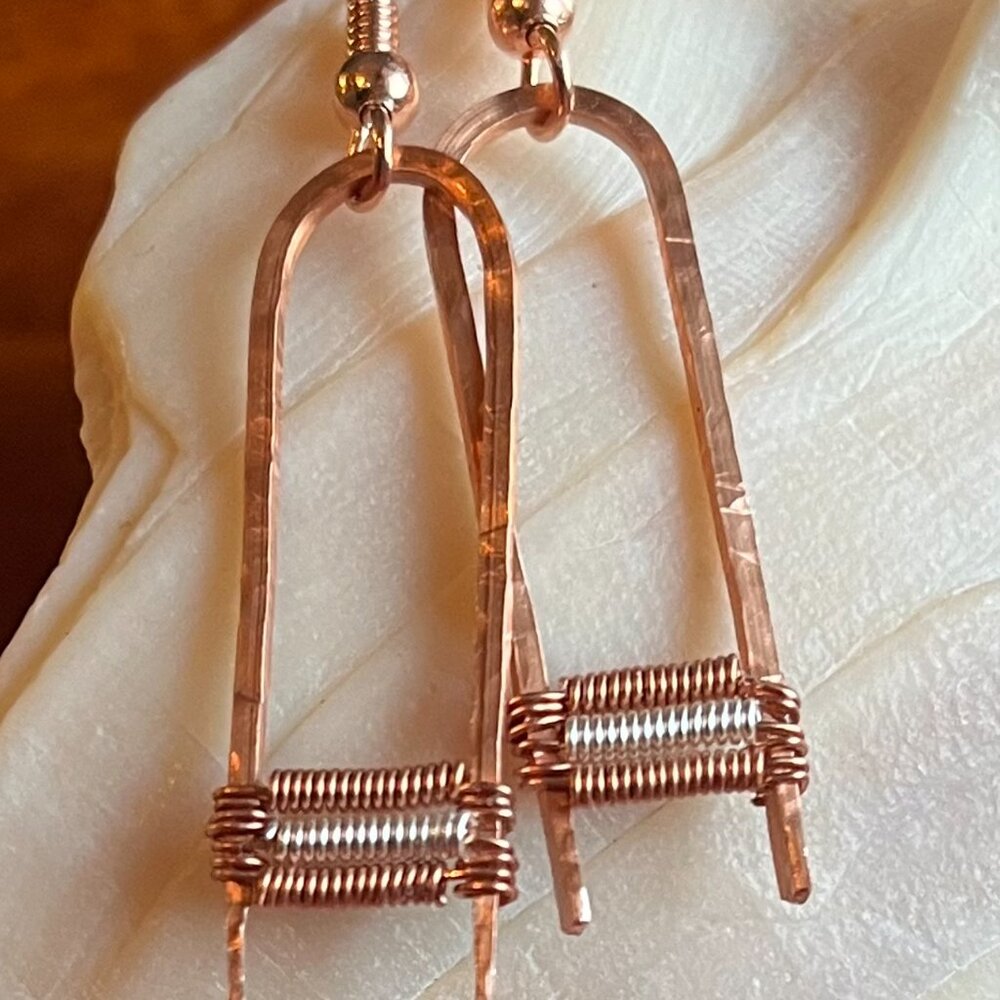 Hammered Copper Dangle Earrings, Wire Wrapped Copper Earrings, Boho Minimalist J